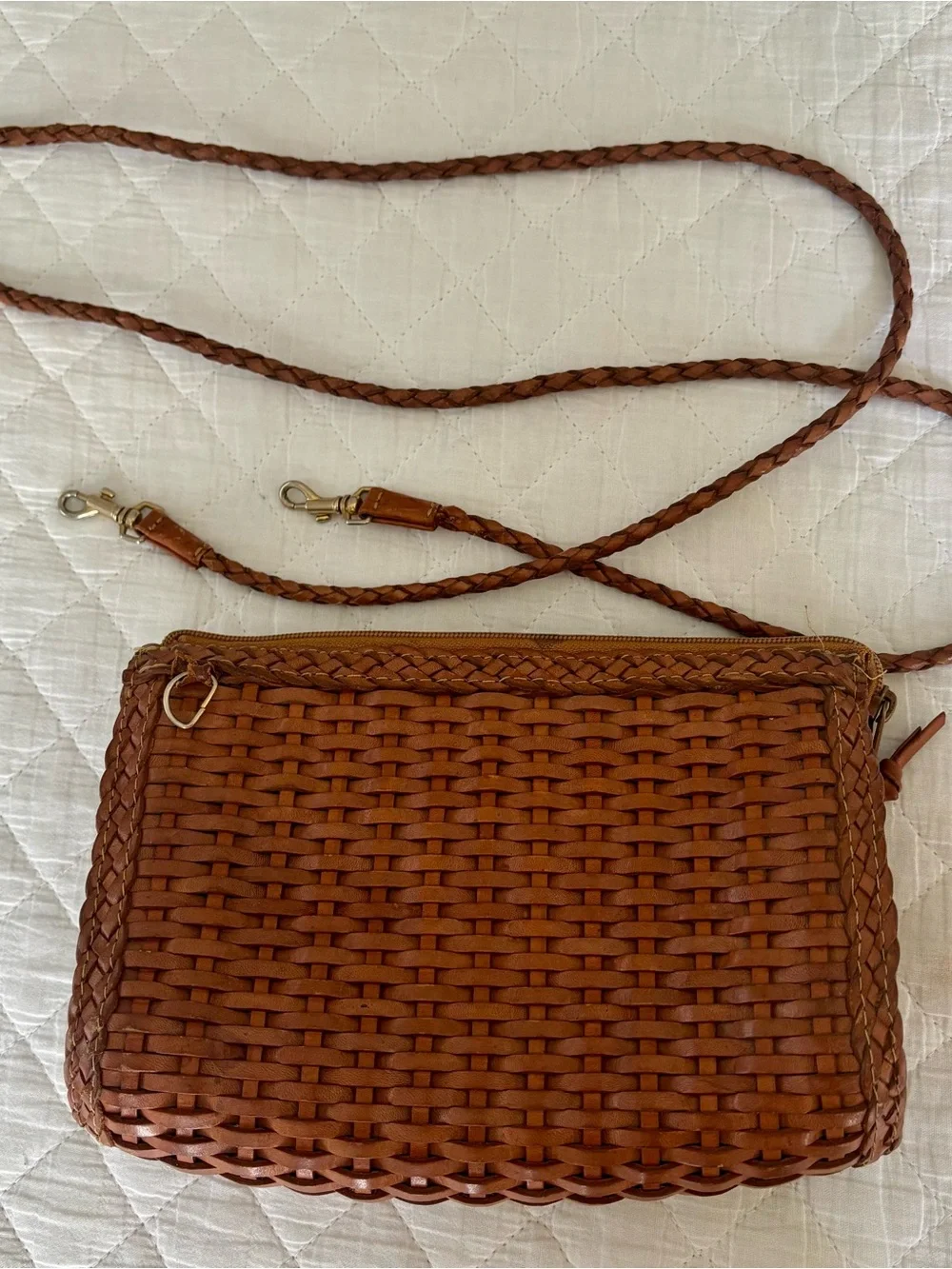 Woven Leather Crossbody Bag in Cognac Brown - Braided Strap